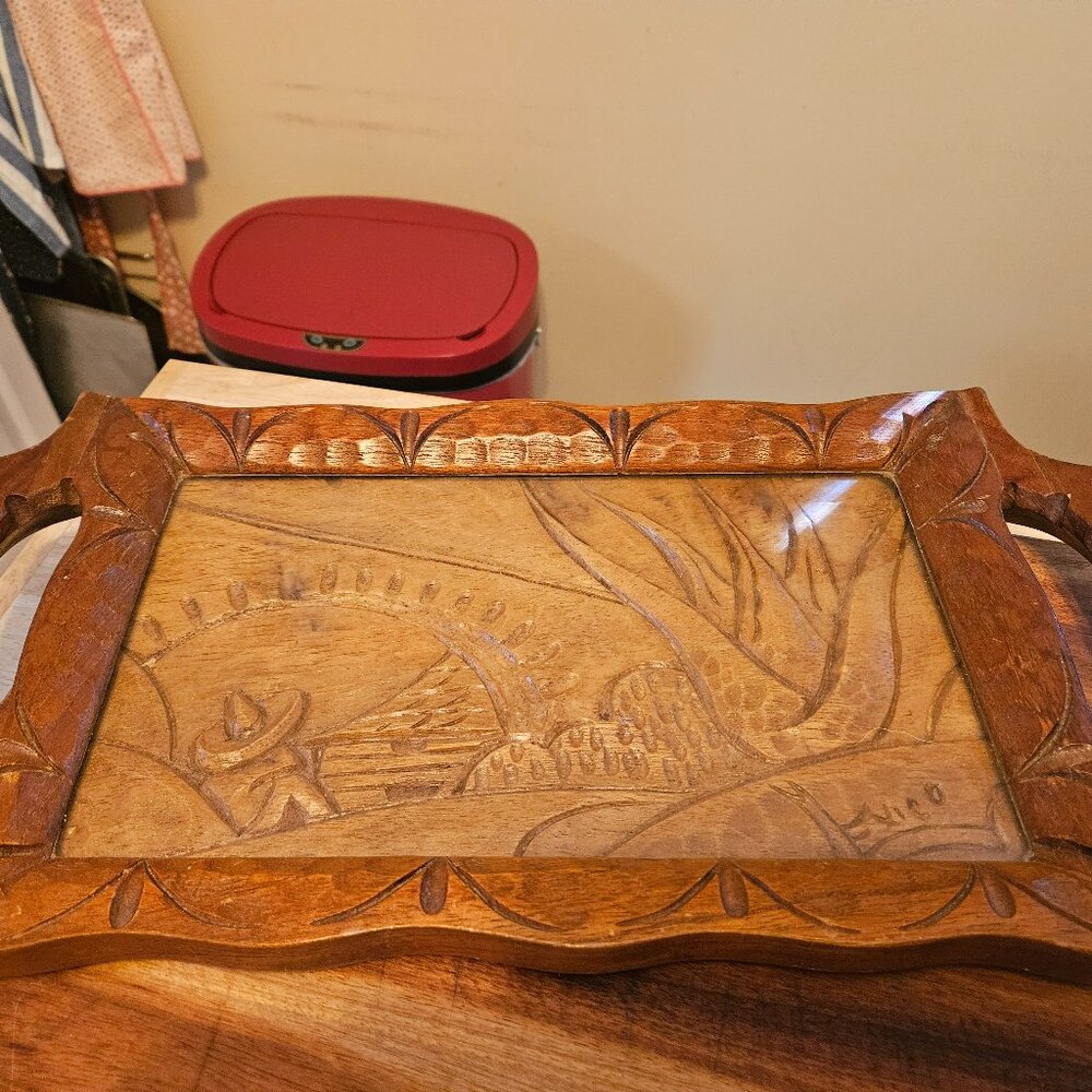 vintage hand carved Mexico tray with glass insert